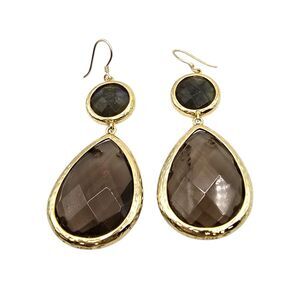 Smokey Brown Stone Earrings Faceted Light Brown Signed Pierced Dangle Teardrop
